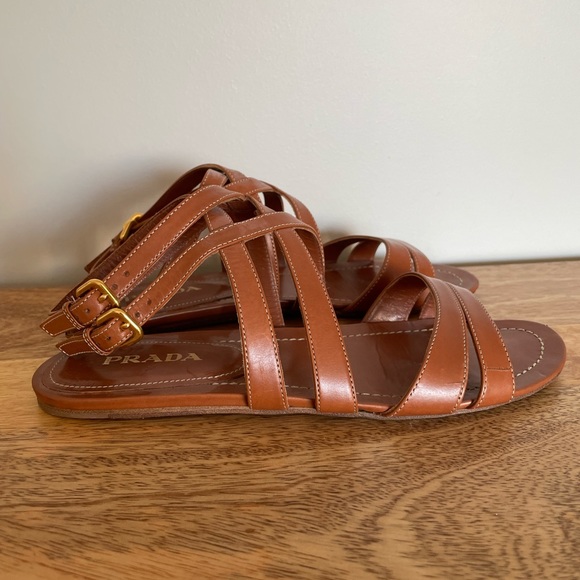 Prada Shoes Prada Brown Leather Strappy Sandals Double Gold Buckles 39 Poshmark